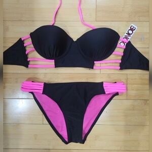 Bongo Juniors Neon Hot Pink Cut Out Black Push up Bikini Top & Bottom M NWT